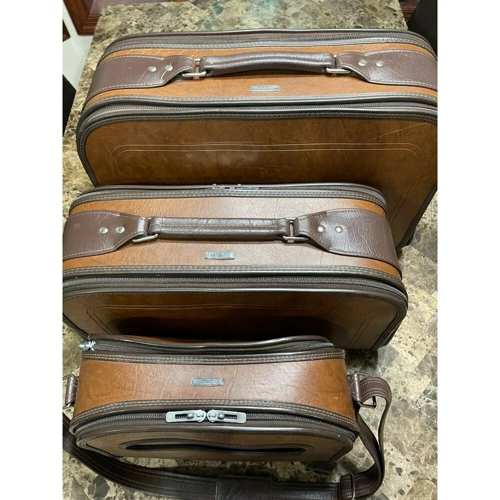 Vintage Samsonite Travel Bureau Brown Leather 3-Piece Luggage Set With Zipper Cl